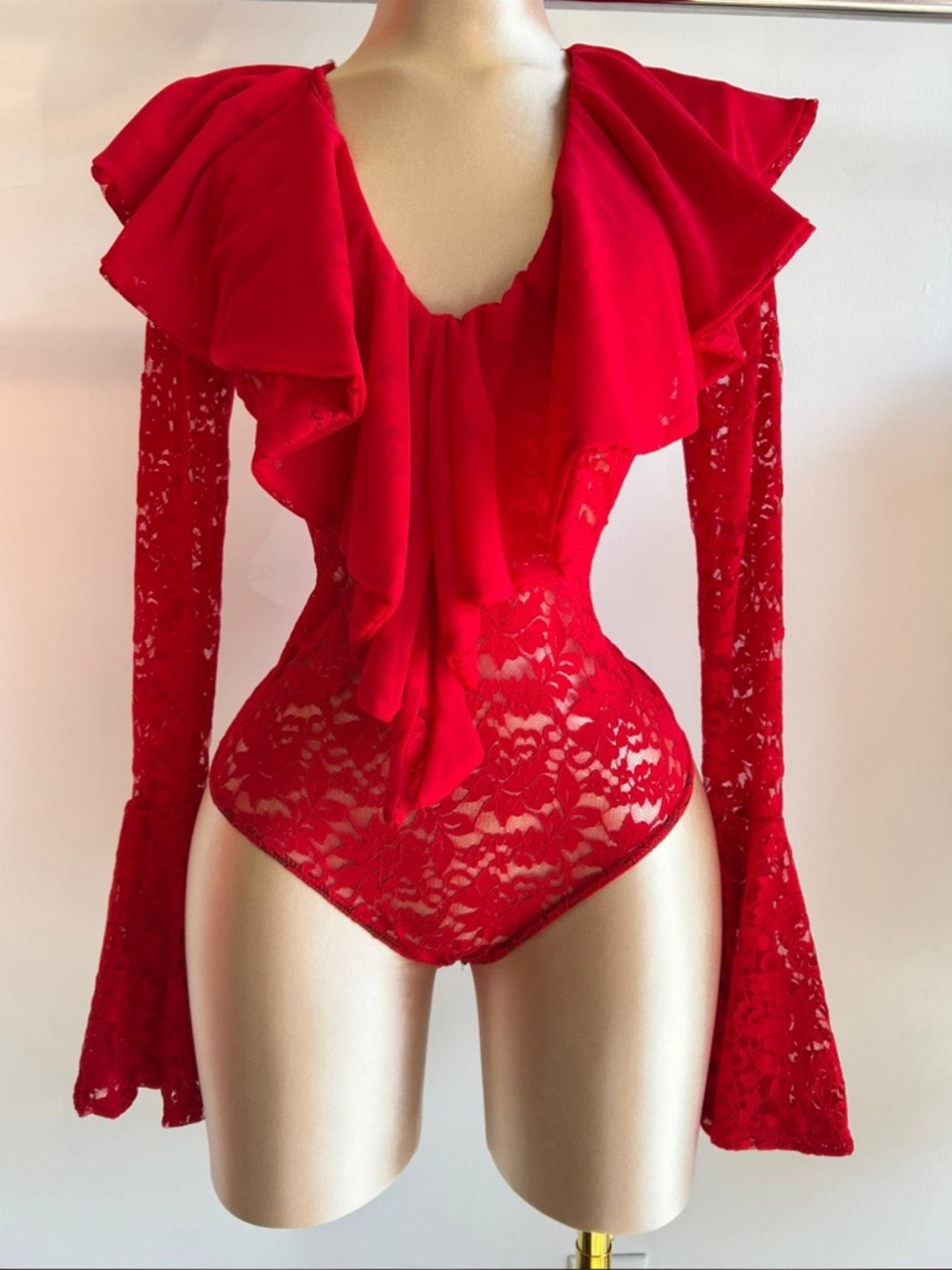 Lace Ruffle Deep-V Long Trumpet Sleeve Bodysuit